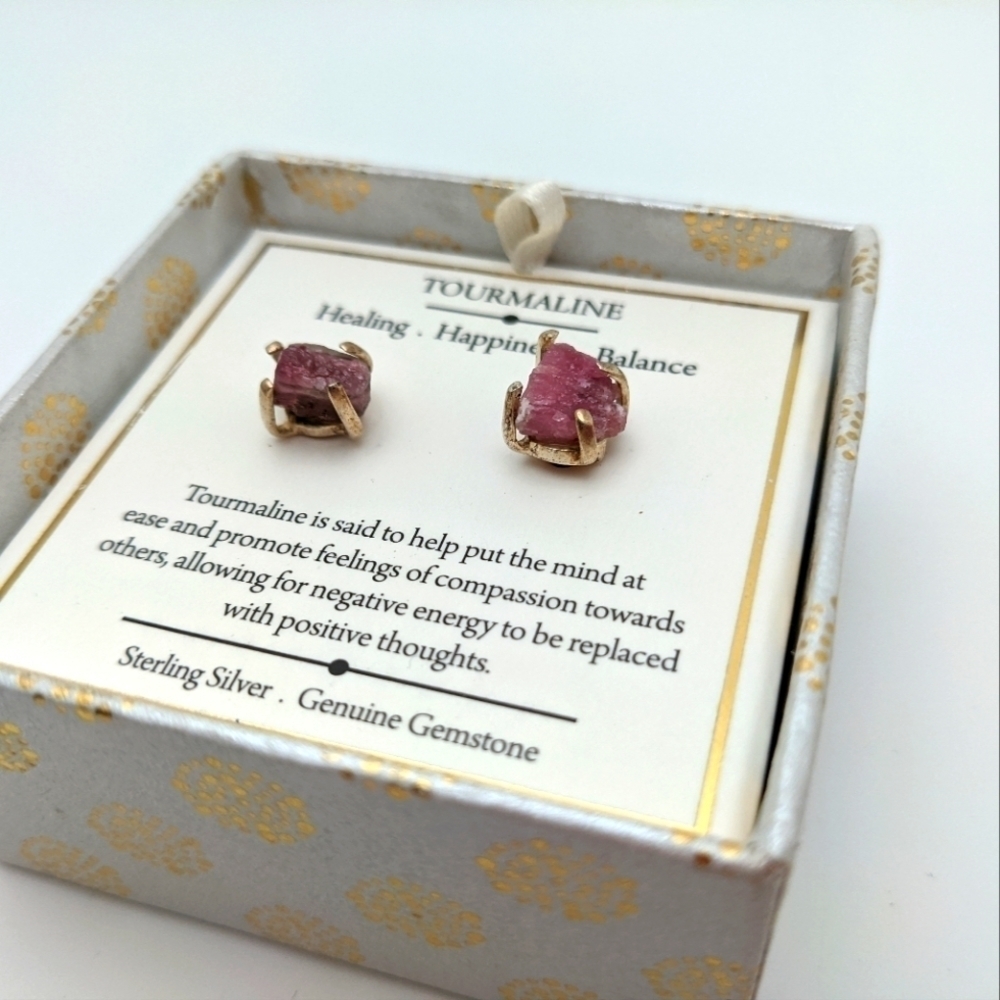 Raw Pink Tourmaline 925 Silver Stud Earrings Nib
